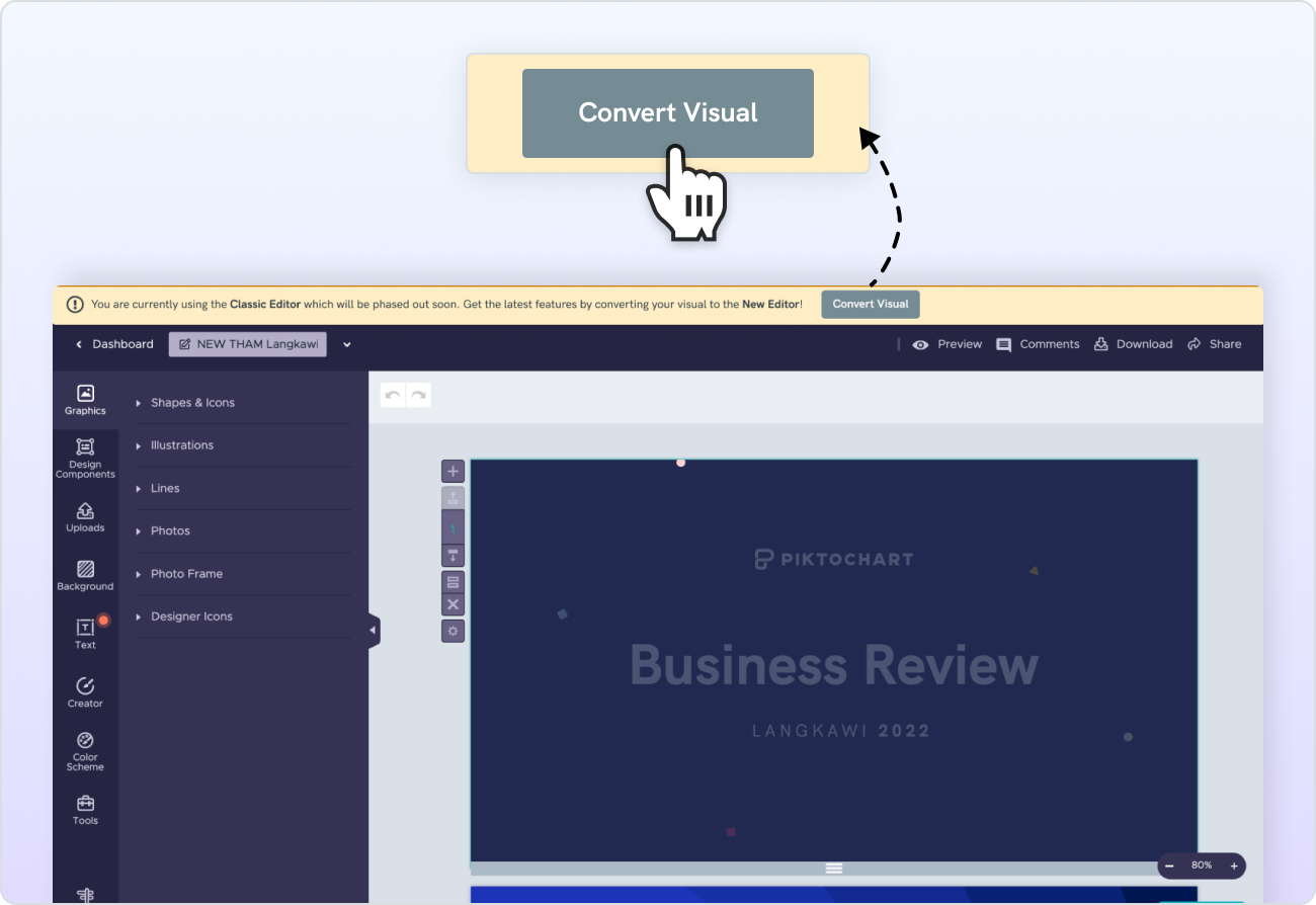 the convert visual button at the top banner in piktochart classic editor