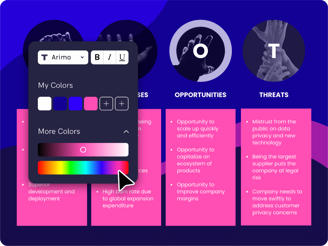 pertahankan template grafik perbandingan Anda sesuai brand, sesuaikan template grafik untuk perusahaan Anda dengan fitur-fitur dari Piktochart