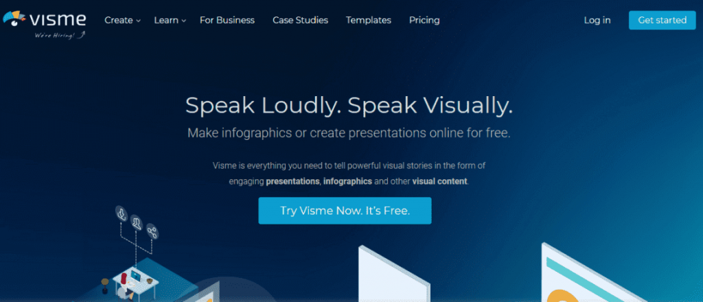 Visme infographics maker tool front page to create an infographic for social media and more 