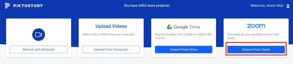 screenshot of how to import the zoom recording using the Import From Zoom button in Piktostory
