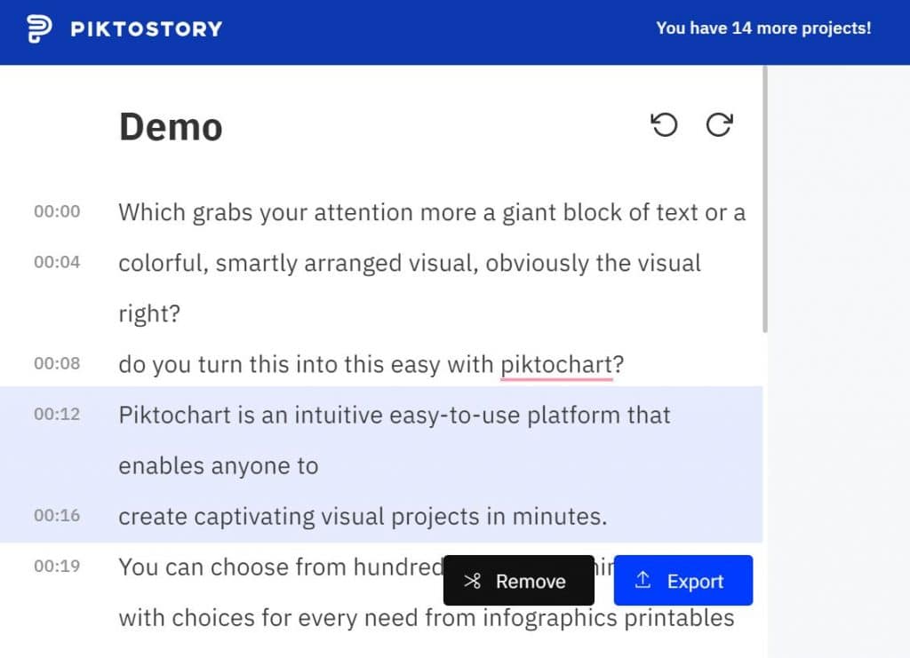 screenshot of how to edit transcript in Piktostory