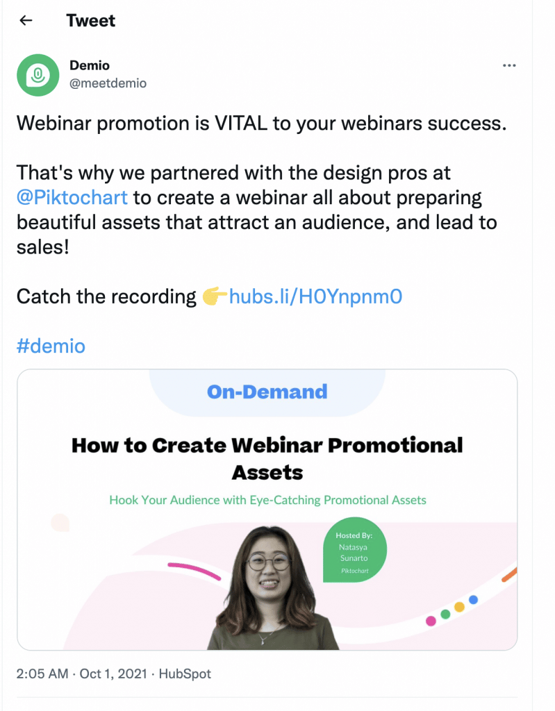 screenshot of a tweet about the webinar partnership between piktochart and demio