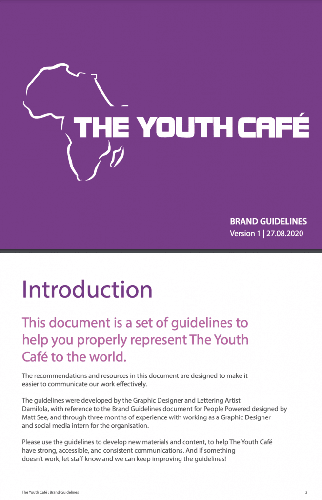 screenshot of the first page of The Youth Cafe brand style guide