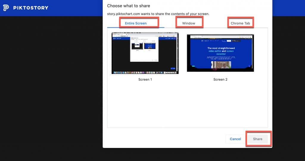 choose screen to share in Piktostory