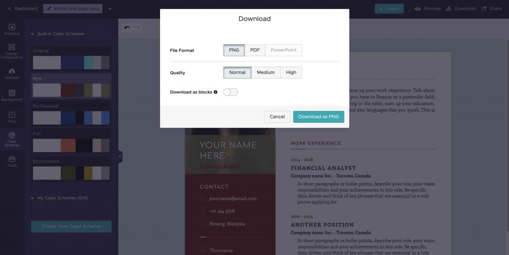 screenshot of how to easily download your infographic resume in piktochart