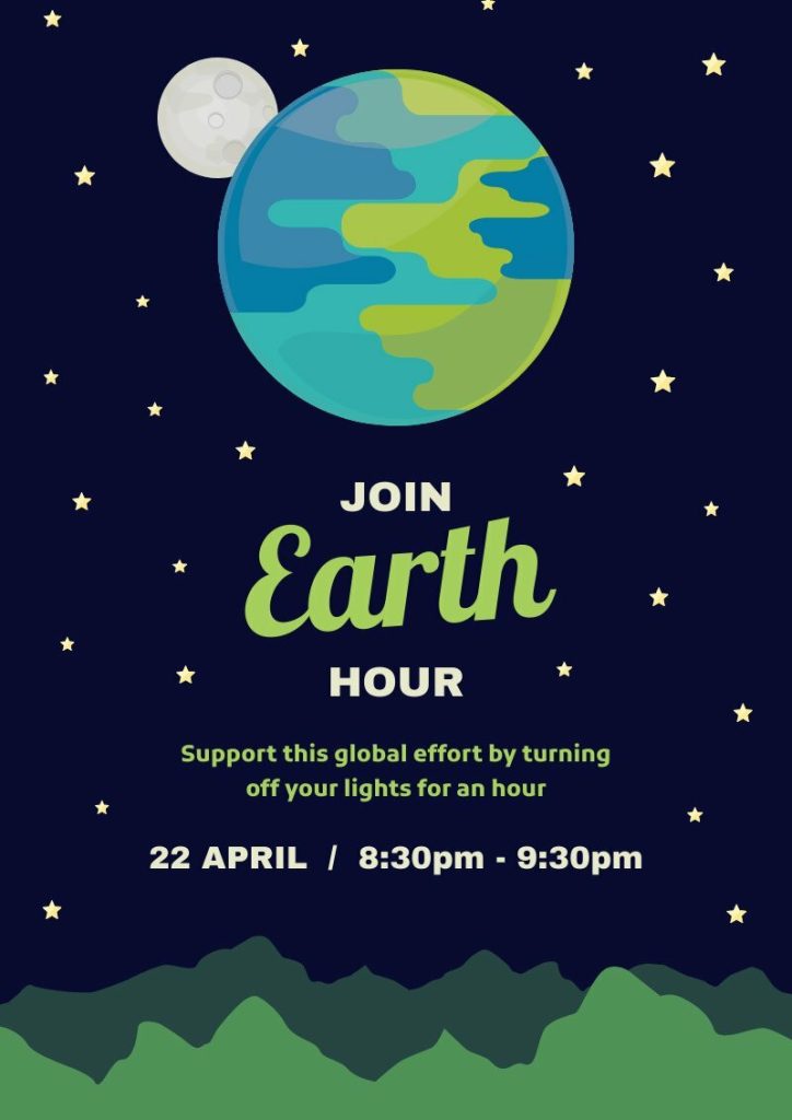 Exemple d'affiche de l'événement Earth Hour utilisant une police de caractères primaire correspondant au thème de l'affiche