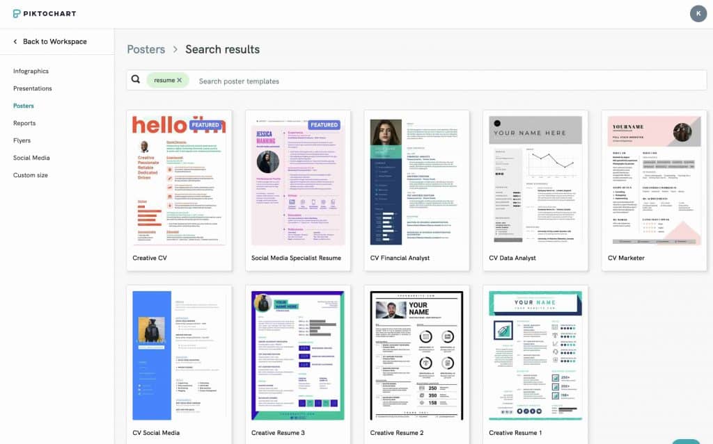 preview of Piktochart's infographic resume template collection - Posters tab