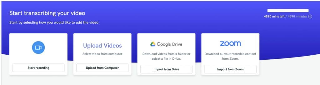 dashboard Piktochart untuk mengkonversi video ke teks dalam format file yang berbeda, zoom video, google docs, video facebook, dan file video instagram story dapat digunakan