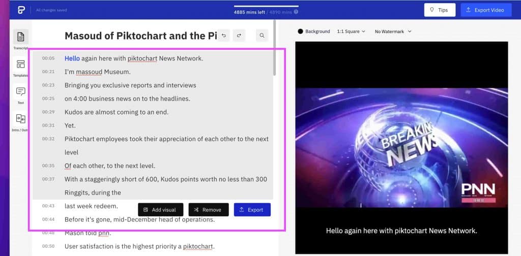 comment exporter une partie de la vidéo dans piktochart, un logiciel de texte qui peut transformer une vidéo en audio, même avec différents locuteurs