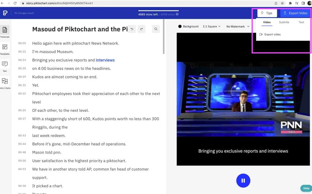 wie man in piktochart das gesamte video-audio in text, microsoft word und mehr exportiert