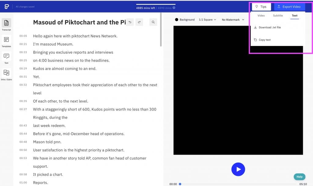 cara mengekspor atau menyalin video ke teks dengan akurasi tinggi, disimpan di cloud di server berbasis cloud Piktochart yang aman 