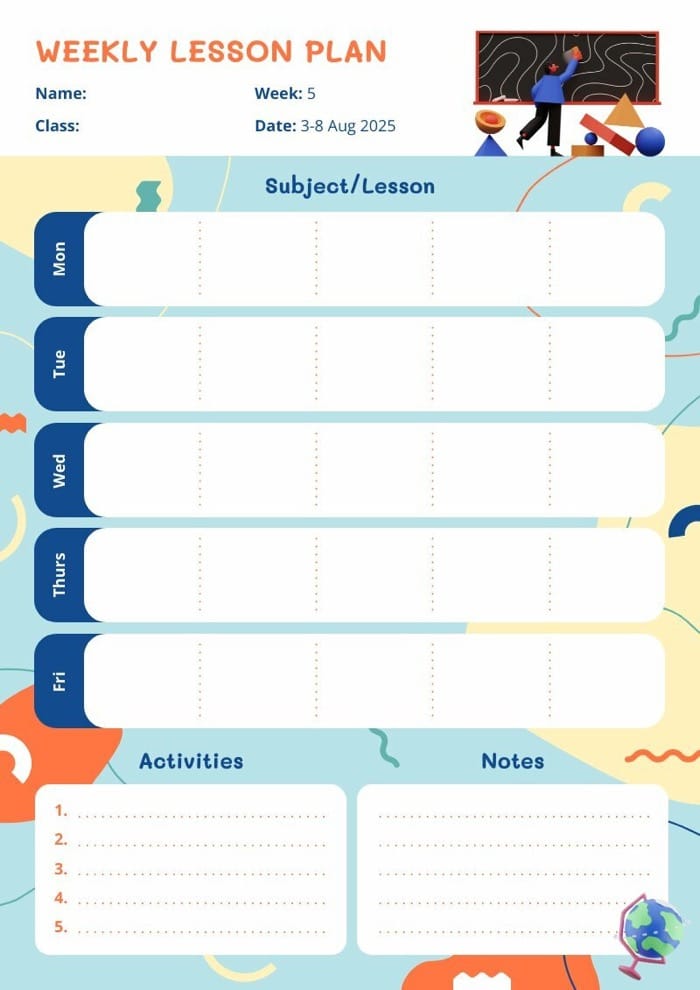 artistic weekly lesson plan template