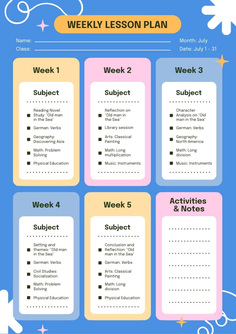 blue and yellow lesson plan template