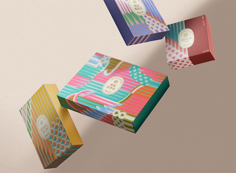 boxes with Y2K style patterns using bright colors