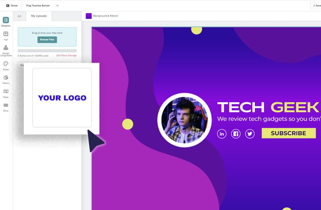 téléchargez votre logo sur la plateforme de Piktochart pour l'ajouter aux modèles de bannières sans outils de retouche photo