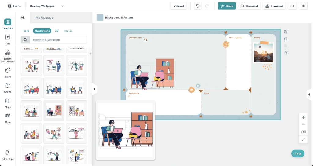 piktochart users can explore and pick illustrations to add to their visuals through illustration library