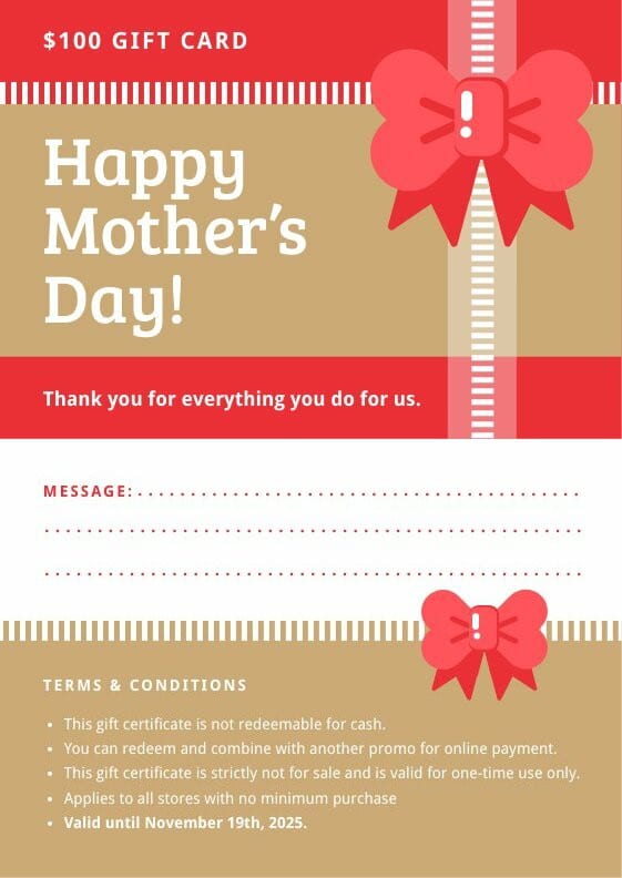 ribbon mother's day gift voucher template