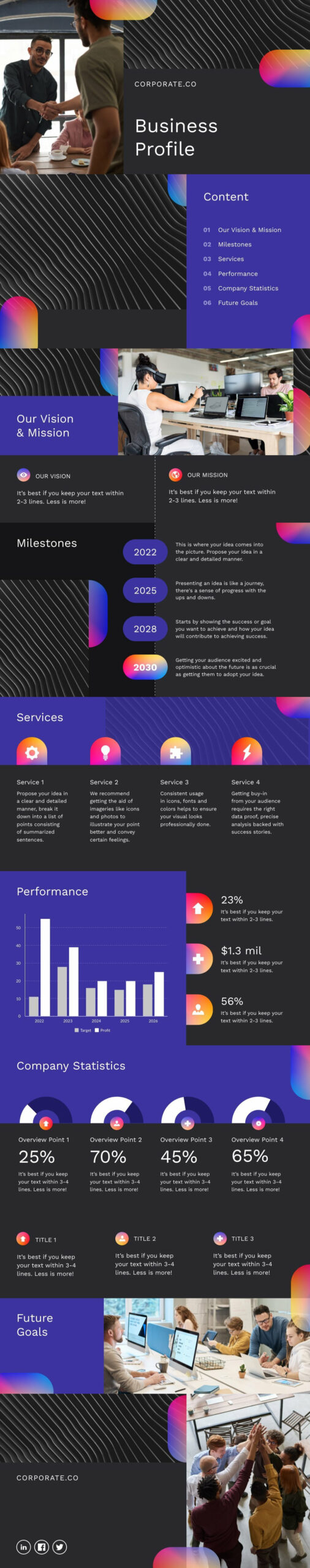 business profile presentation with dark color palette you can use to present your main idea to your audience