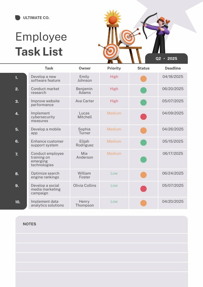 customizable and printable employee task list template to track progress