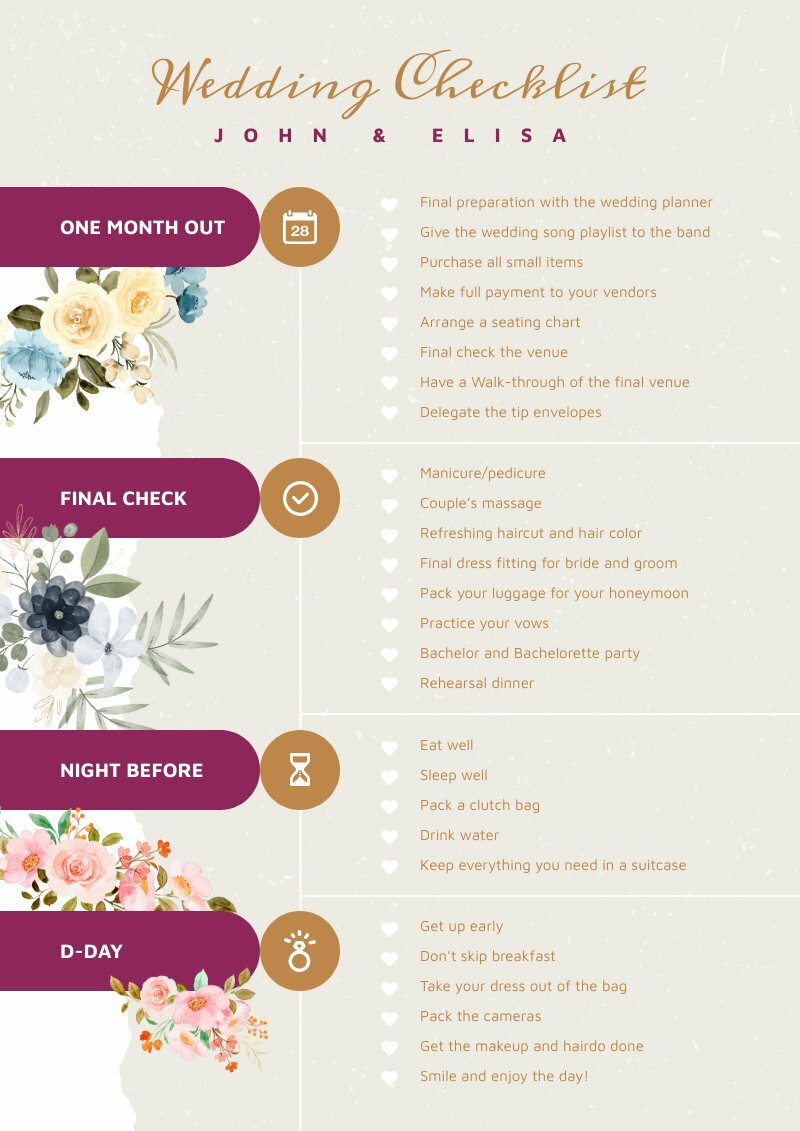 free wedding checklist template to track the progress towards the big day