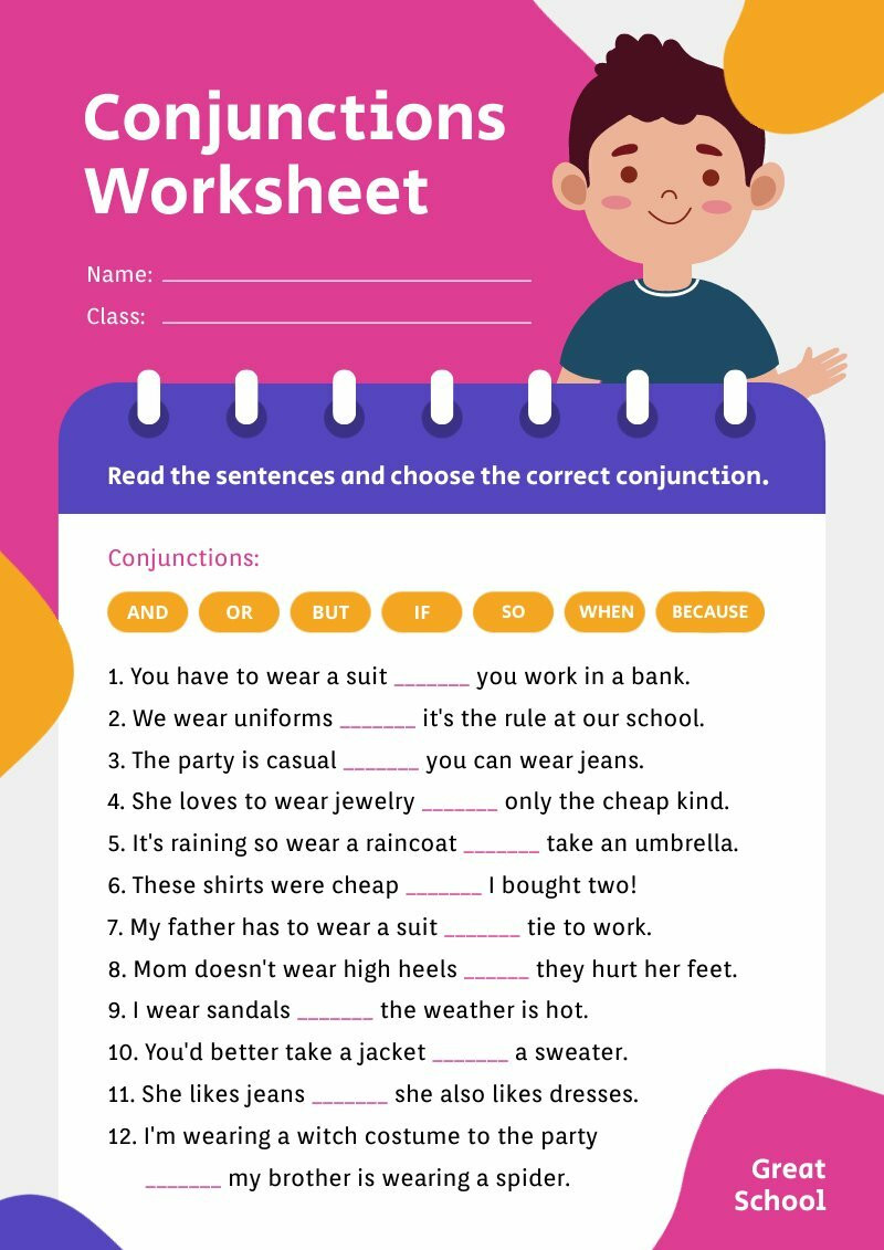 practice worksheets template about conjunctions for kids