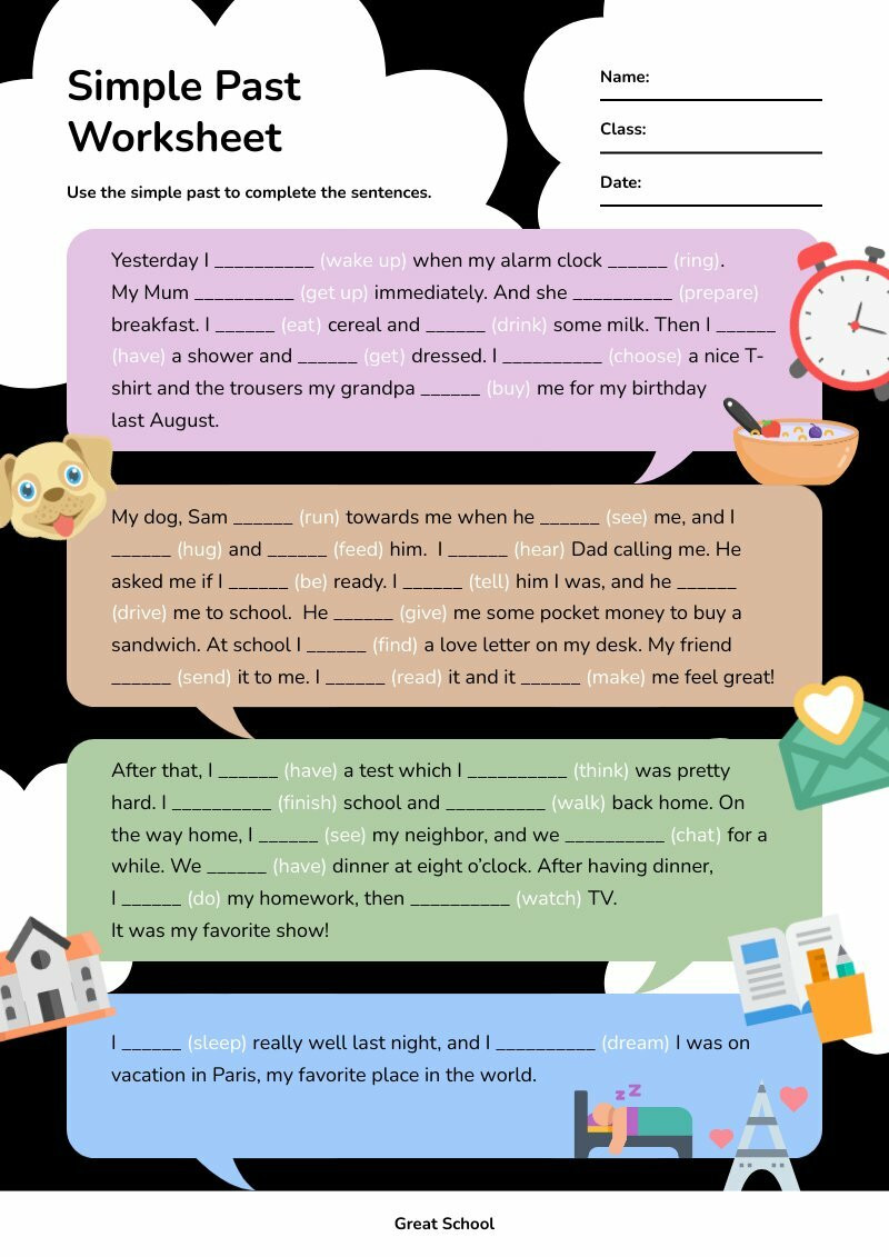 editable worksheets template about simple past tense for kids