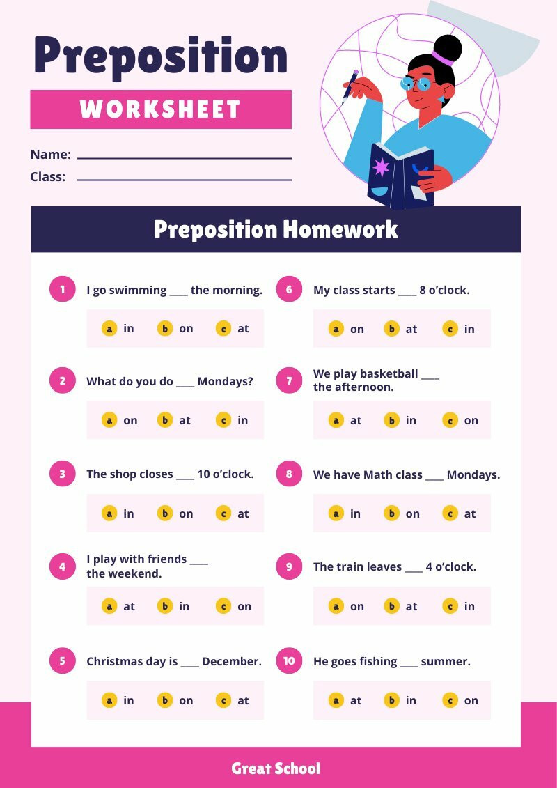 editable worksheets template about preposition for kids