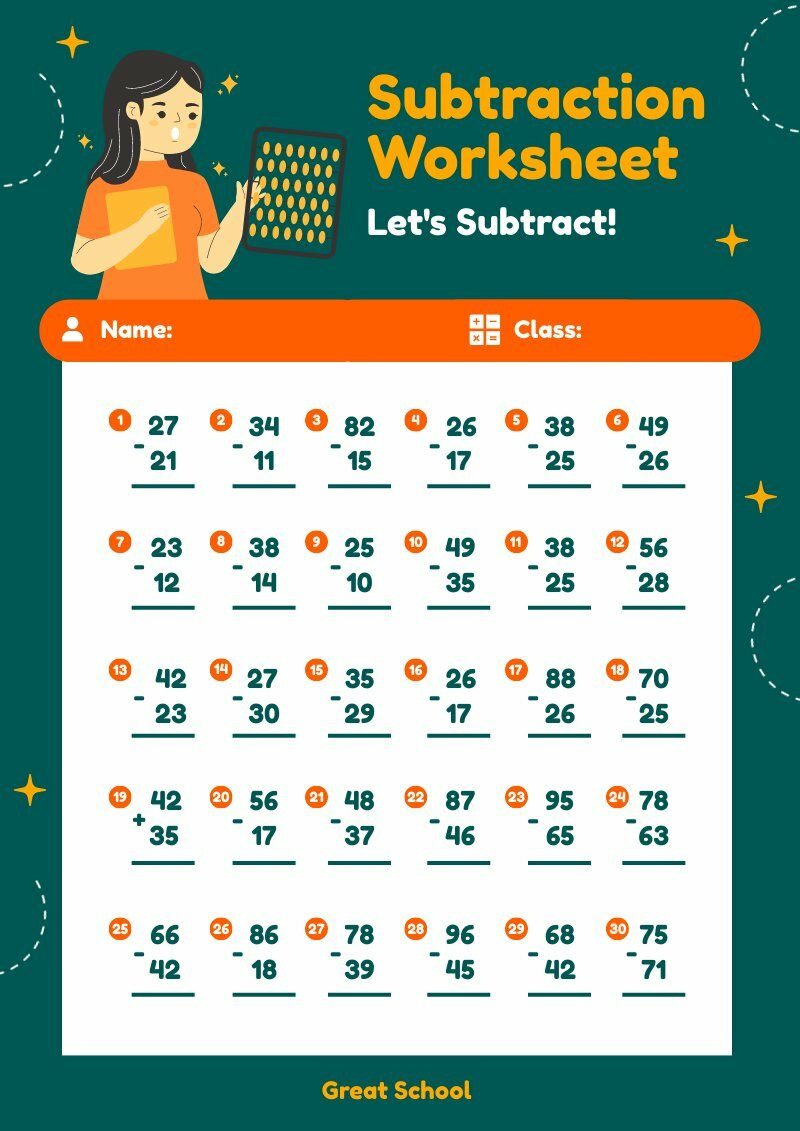 editable worksheets template about subtraction and basic math operations 