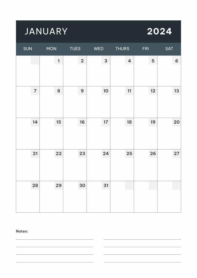 monthly calendar template with note column students can print and fill up