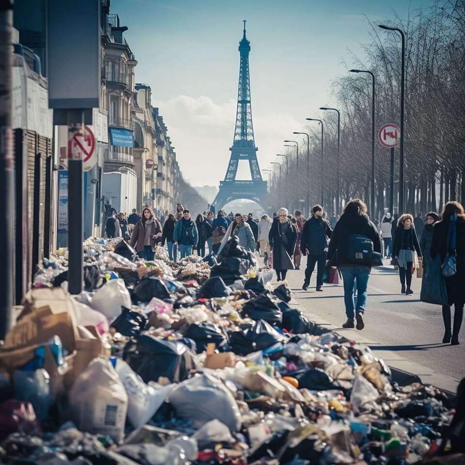 fake image of streets in paris covered in garbage