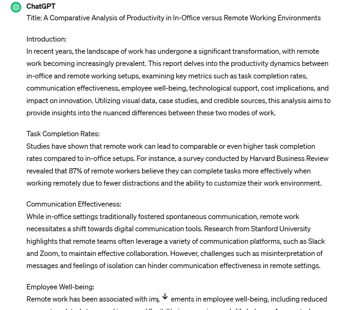 exemplo de chatgpt que redige um relatório sobre a produtividade no local de trabalho