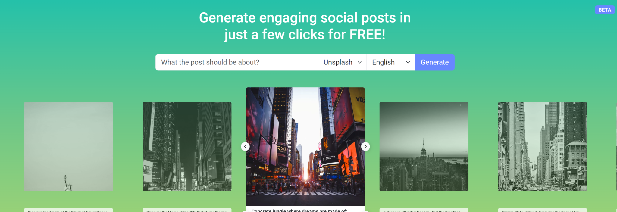 screenshot of radaar.io ai social media generator dashboard