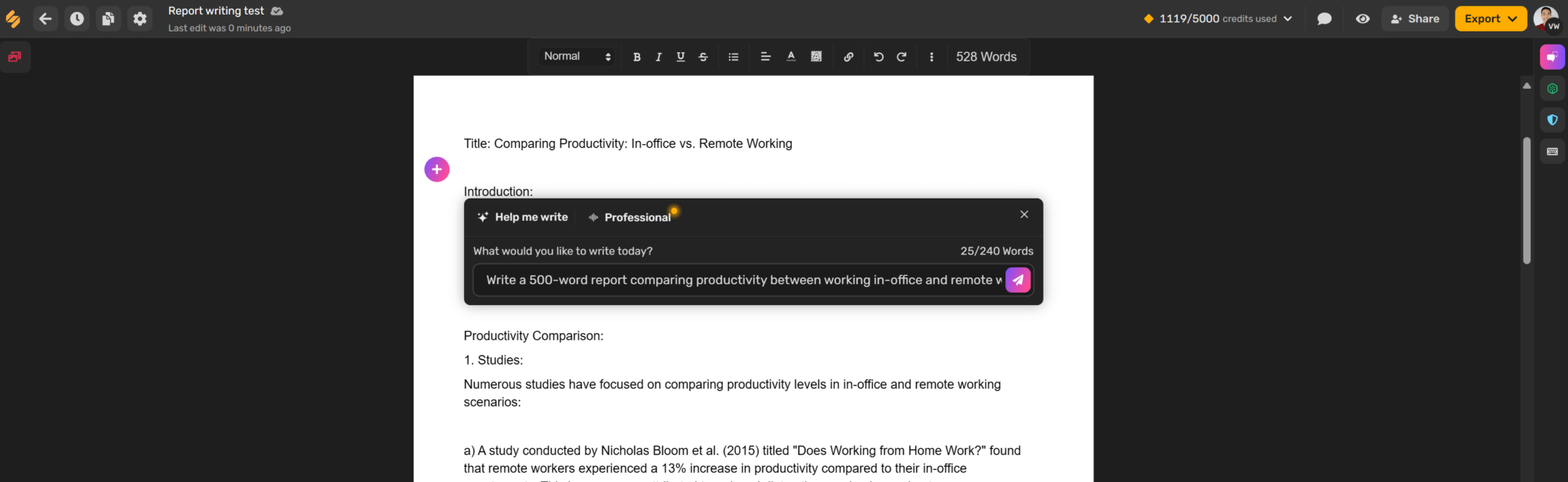 example of simplified writing a report about workplace productivity from a prompt