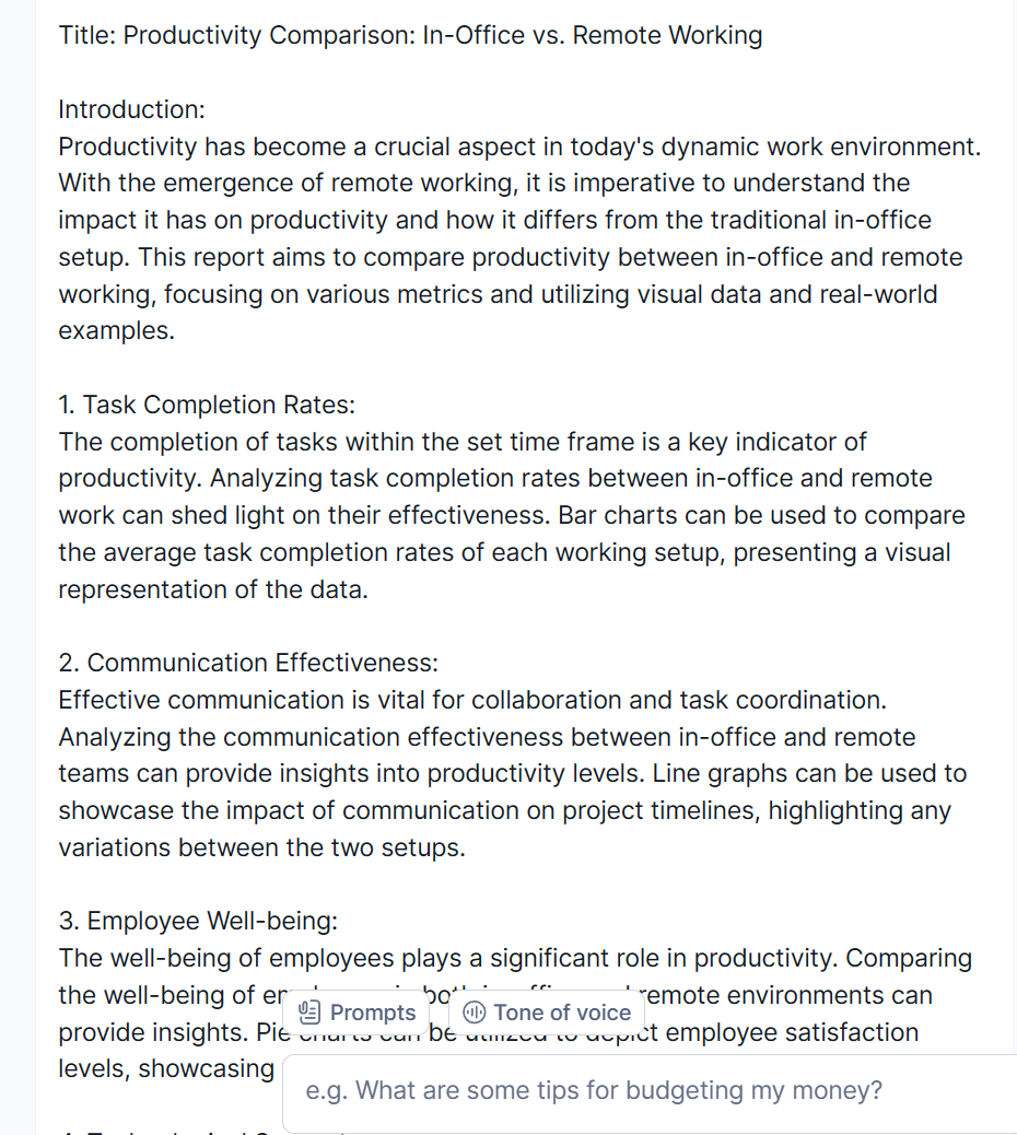 voorbeeld van texta.ai voor het schrijven van een rapport over productiviteit op de werkplek aan de hand van een prompt  