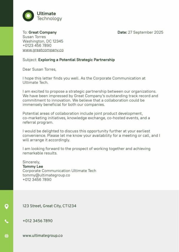 example of a sidebar business letterhead with green color palette