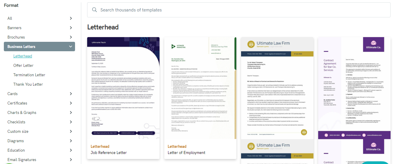 screenshot of piktochart template gallery for business letterheads