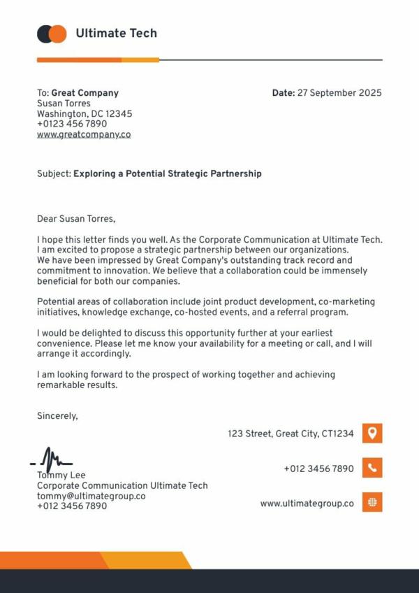 example of a clean business letterhead with orange color palette