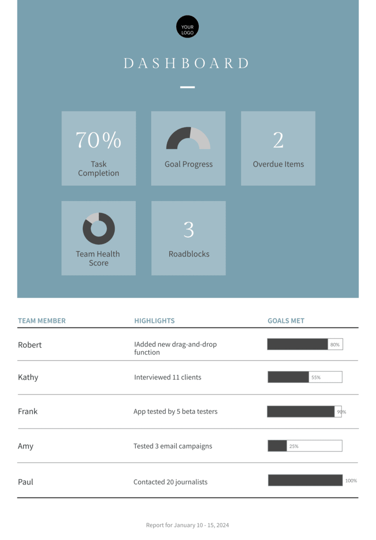 brief report on a team's progress status