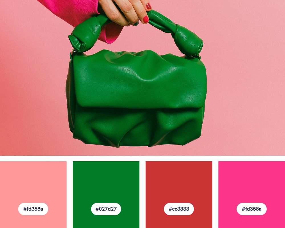 tropical punch, green handbag pink background