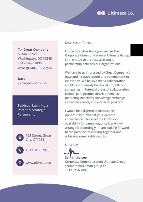 example of an unconventional business letterhead with purple color palette