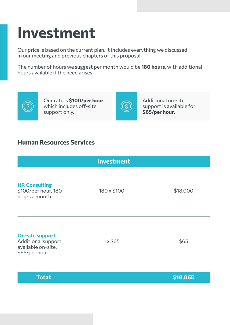 an example slide of how to present your pricing plan in a business proposal