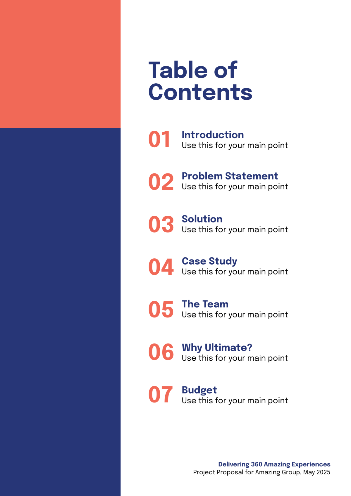 example table of contents with a simple layout, blue and orange color scheme with a left sidebar 