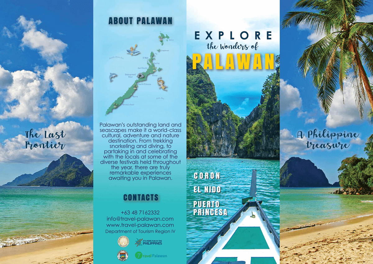 trifold brochure of beach destination palawan philippines