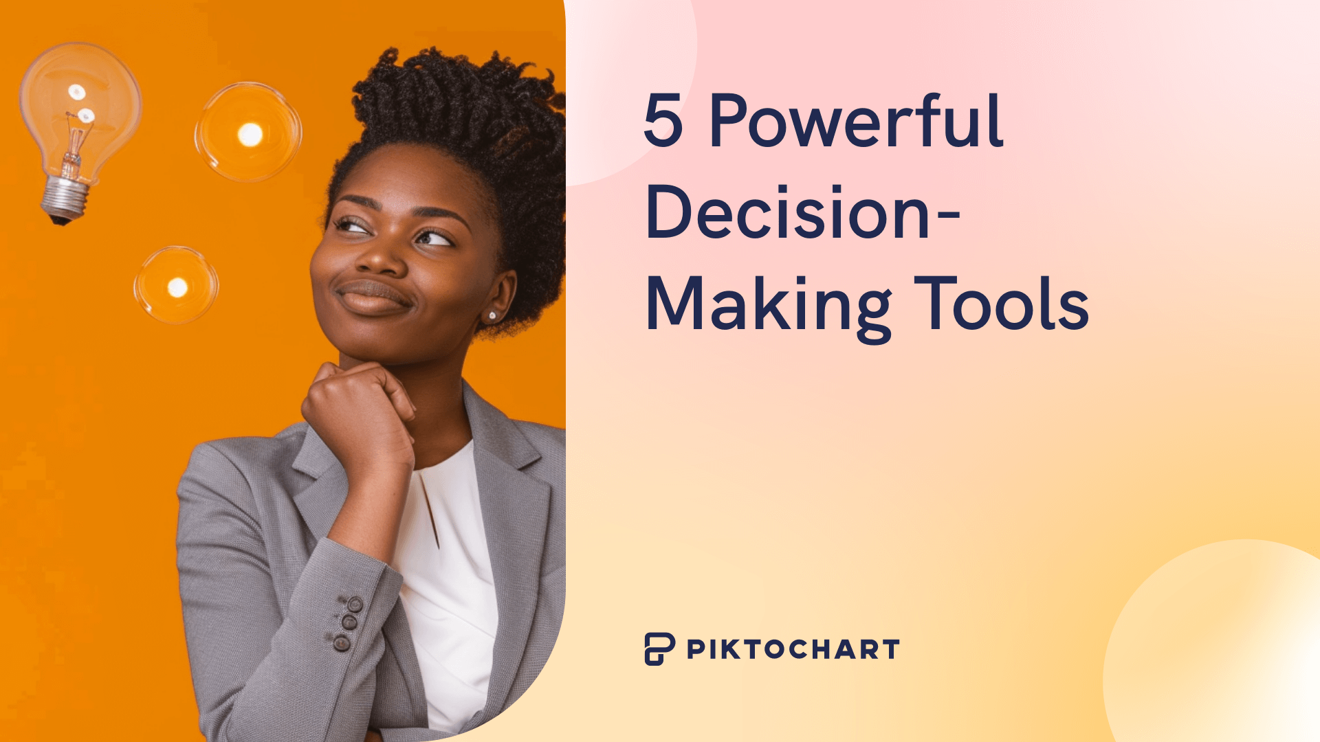 decision making tools featured image of black woman in smart casual clothes looking at lightbulb floating near her head